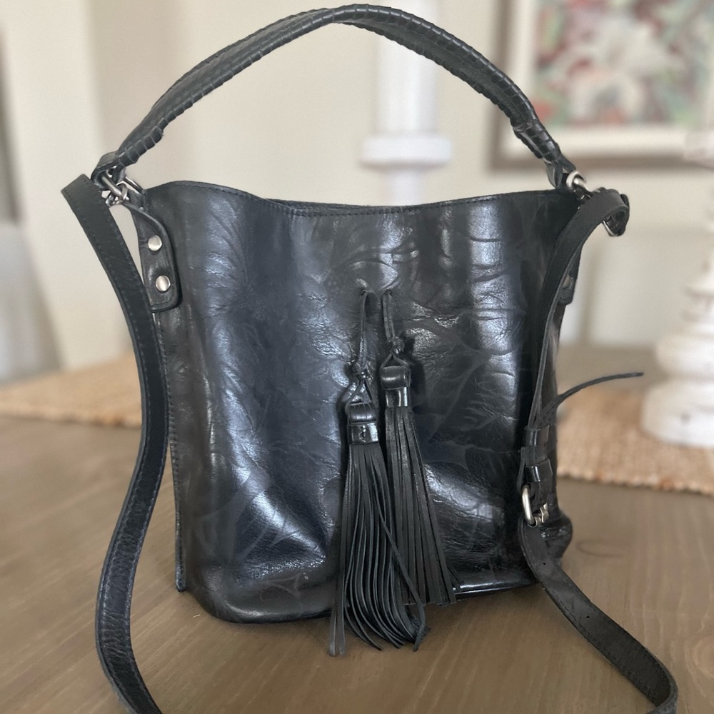 Patricia Nash Black Leather Bucket Bag